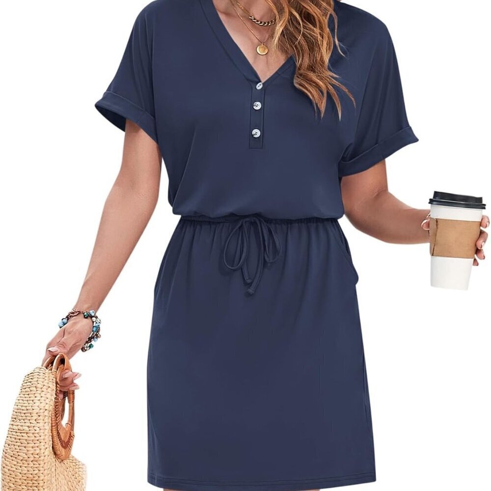 Women's Summer Dress Short Sleeve V-Neck Tie Belt Pockets Casual Swing